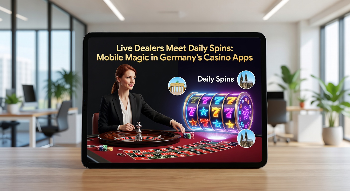 Live-Dealer-App-Screenshot mit Daily-Spin-Bonus und Roulette-Tisch auf Smartphone, umgeben von deutschen Casino-Elementen